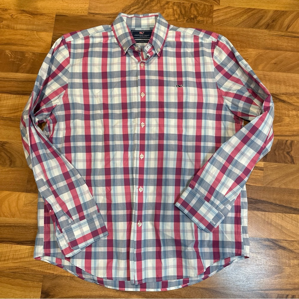 Vineyard Vines Slim Fit‎ Whale Shirt Men's Large Pink/Blue Checks 100% Cotton